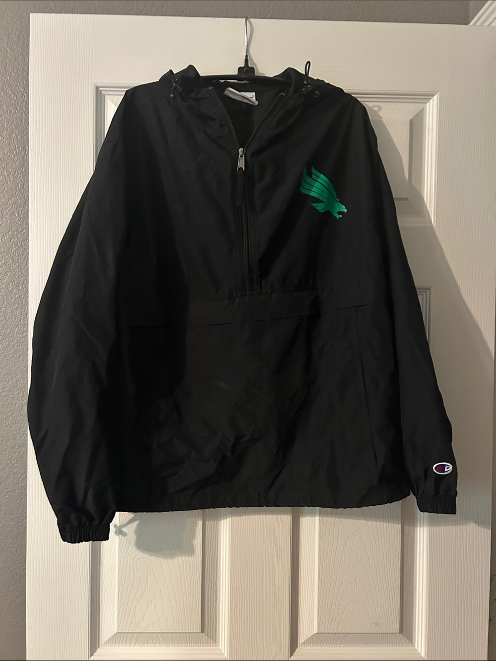 Champion Black Pullover Rain Jacket with Green Wing Logo
